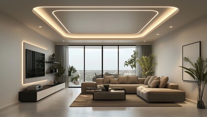 Fototapeta premium Sleek living room 3D model with ambient lighting and contemporary style.