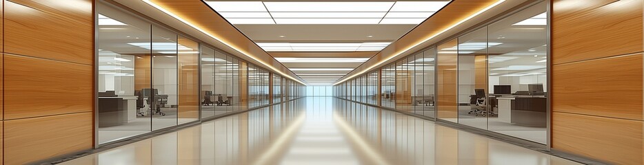 Glass and wood paneled modern office corridor.