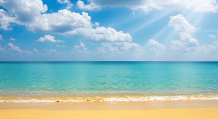 Fototapeta premium Summer background, nature of tropical golden beach with rays of sun light. Golden sand beach, sea water against blue sky with white clouds. Copy space, summer vacation concept 