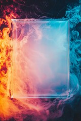 Fototapeta premium A closeup of an empty frame made from translucent acrylic, floating midair, surrounded by swirling, colorful smoke trails illuminated by a soft backlight 