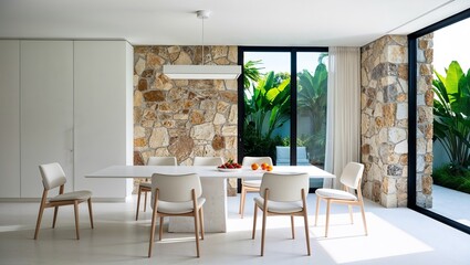 Fototapeta premium A modern dining room with minimalist design, featuring a stone accent wall with a large window view of green garden outside. 