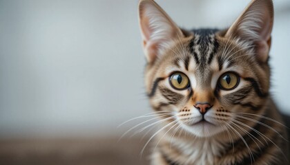 A close-up of a curious tabby cat's face, showing detailed whiskers and soft fur textures. The background is blurred with a minimalist design.