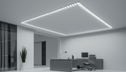 3D-rendered room with modern lighting and clean desk design.