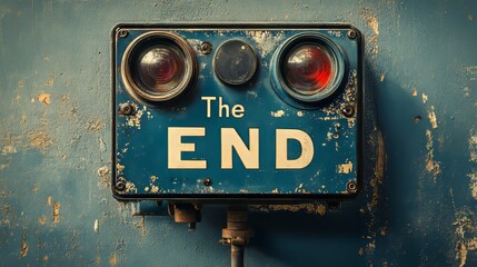 Vintage blue sign with red lights reading 'The End' against a distressed wall.