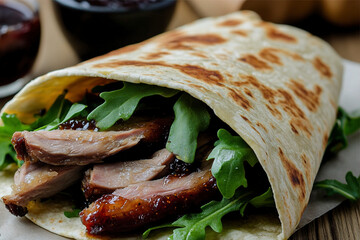 A delicate tortilla is made with duck confit, arugula, and fig jam. (Generative AI)