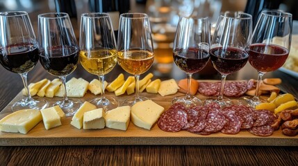 Cozy wine tasting event with a diverse selection of wines in glasses, complemented by a charcuterie board featuring cheeses, meats, and fruits. Showcasing the art of flavor pairing 