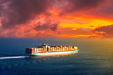Container ship at sunset