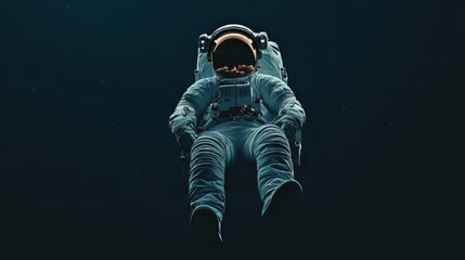 Fototapeta premium An astronaut in a sleek suit floats in a dark, ethereal space environment.
