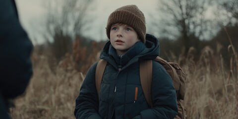 A young boy with a backpack in an open field, looking ahead, cloudy day.
