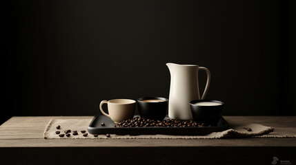 Obraz premium barista's setup with coffee beans, cups, and milk jug