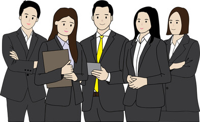 Office staff team stand together. Formal suit.