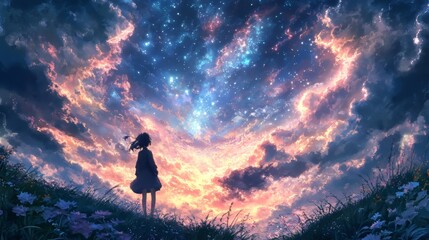 Obraz premium A girl gazes at a vibrant cosmic sky, illuminated by colorful clouds and stars.