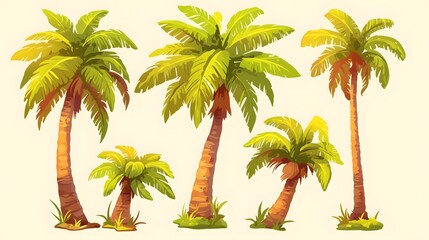 Cartoon-style palm tree icons, minimalistic and vibrant, on a transparent background, ideal for tropical or beach-related designs.