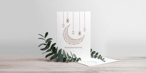 Ramadan Kareem greeting card with moon and lanterns design