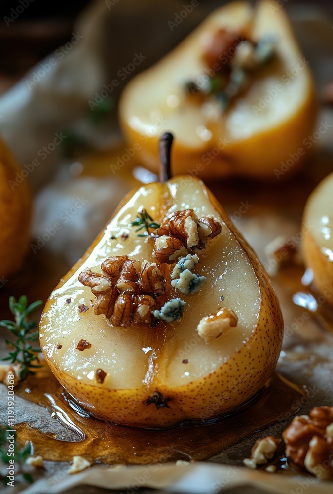 Poster close-up of freshly roasted pear halves topped with crushed nuts, drizzled with syrup and surrounded