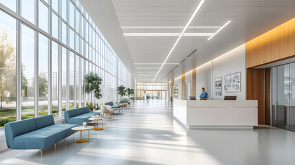 Obraz premium Modern Office Lobby with Large Windows and Greenery