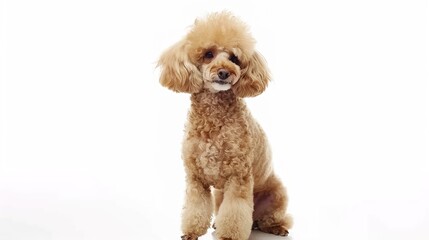 An incredibly cute toy poodle sitting gracefully on a pristine white background, exuding charm and cuteness. A captivating sight of a tiny and endearing pet.