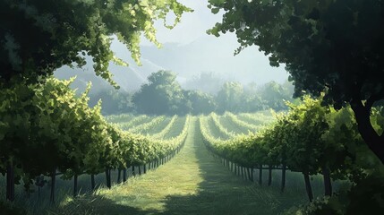 Fototapeta premium Serene Vineyard Landscape: A Tranquil Morning in the Heart of Wine Country