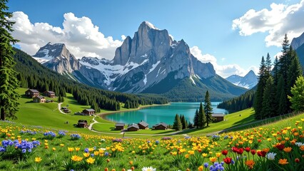 Vibrant flower field against lush greenery; vivid yellows, oranges, reds, whites, with blues on the left, creating a breathtaking natural tapestry under open skies