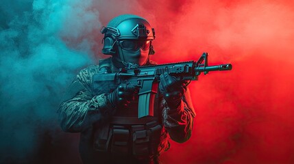Fototapeta premium Tactical soldier in a colorful smoke backdrop