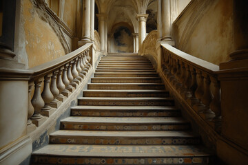 Sacred Steps: Solemn Stairway in Cathedral with Ancient Stone Railings