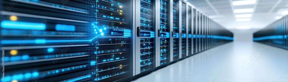 Poster powerful server infrastructure in modern data center, ensuring high performance, security and connec