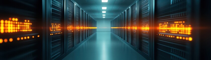 Fototapeta premium A comprehensive view of server hallway, infrastructure, data center technologies and connectivity