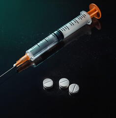Syringe and White Pills on Black Background: Drug Addiction, Opioid Crisis, Overdose, and Substance Abuse – Highlighting the Struggles of Dependency and the Fight for Recovery