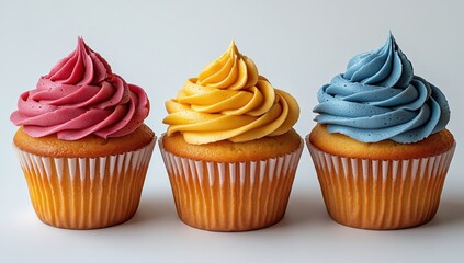 Colorful Cupcakes with Swirled Frosting in Pink, Yellow, and Blue Set Against a Light Background, Perfectly Arranged for a Dessert Table Presentation
