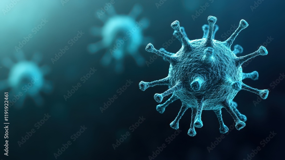 Poster detailed microscopic visualization of multiple corona virus particles, structure, detail and scienti
