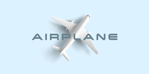 3D airplane, passenger plane, top view. Modern banner for advertising passenger and commercial transportation companies, branding, and promotional offers. Vector illustration.
