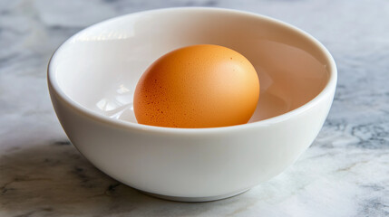 A plain, white bowl with a single, uncracked egg.