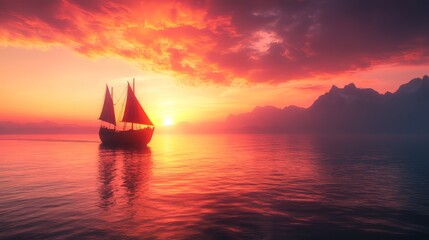 Fototapeta premium A serene sunset with a sailboat silhouetted against vibrant colors.