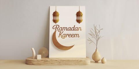 Ramadan Kareem Greeting With Crescent Moon And Lanterns
