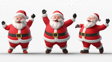 three cheerful jumping santa clauses in 3d holiday render: exploring animated festive christmas character illustrations in vivid joyful holiday designs and excited holiday graphics