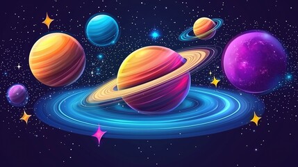 Vibrant planets and stars in a colorful cosmic scene.