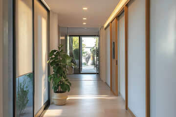 Obraz premium Streamlined Fashion in a Slight Hallway with Sliding Doors