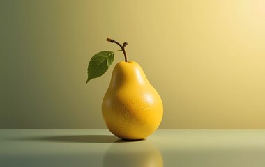 a single ripe yellow pear with a leaf