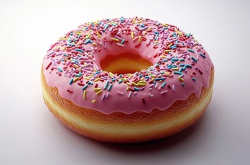 Colorful Pink Frosted Donut with Sprinkles on a White Background, Ideal for Food Photography, Sweet Treats, and Dessert Themes