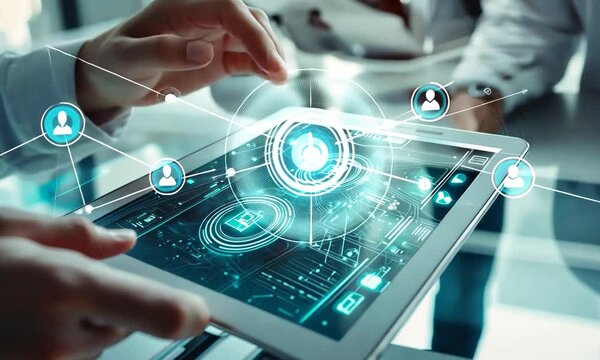 Modern Technology Interaction: Close-Up of a Hand Using a Tablet with Digital Interface Symbols and Data Connections for Future Innovations and Communication Advances