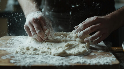 A raw image of a chef's hands kneading dough on a wooden board, flour dusting the surface.