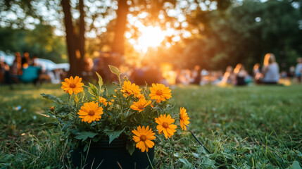 A serene park with children playing, vibrant flowers blooming, and soft sunlight streaming through trees.