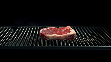 A raw steak, marbled with fat, on a simple metal grill, with only the natural grill marks visible.