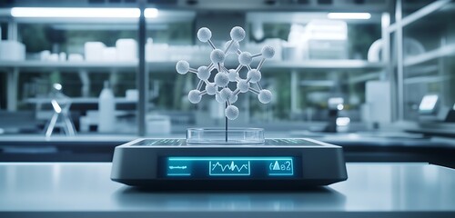 A 3D printed molecular model placed on a digital scale in a futuristic laboratory