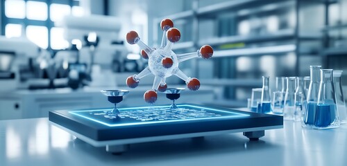 A 3D printed molecular model placed on a digital scale in a futuristic laboratory