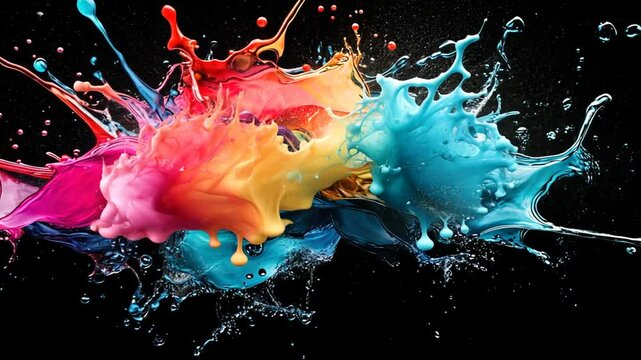 Vibrant multicolored paint splash explosion on black background.