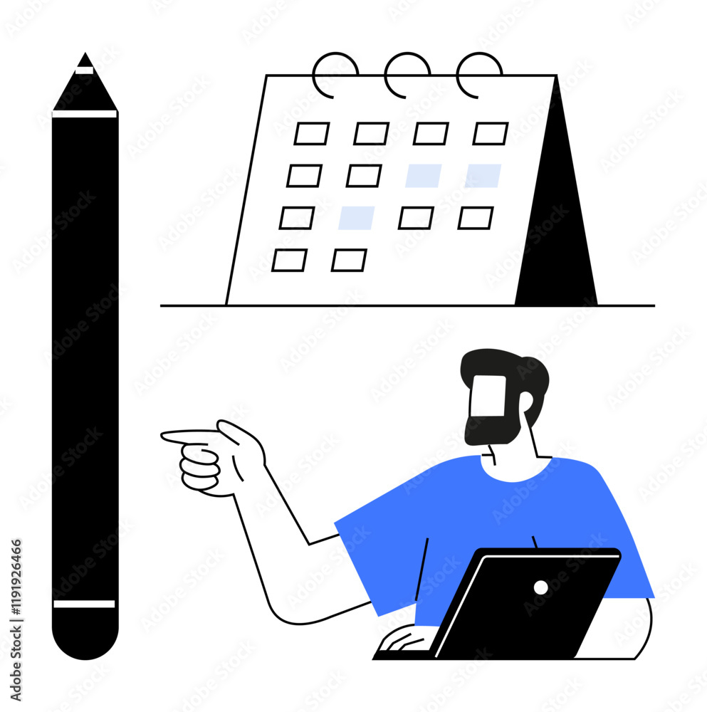 Poster man working on laptop, pencil, and calendar with highlighted dates. ideal for scheduling, planning, 
