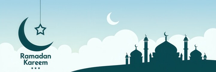 Ramadan Kareem greeting with crescent moon star and mosque