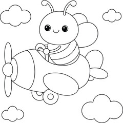 Cute cartoon the bee flying a plane coloring page for kids