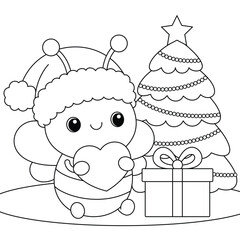 Cute cartoon bee and christmas tree coloring page for kids